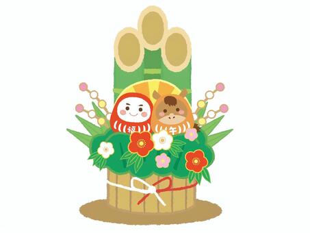 門松とだるま（2026ver） お正月,門松,年賀状,午年,2026年,だるま,正月,午,梅の花,松のイラスト素材