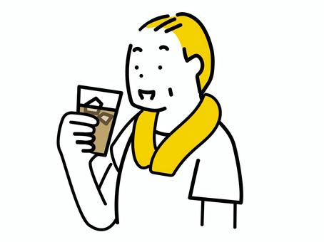汗拭きタオルを首に巻いて麦茶を飲む男性 お茶,麦茶,熱中症,夏,飲む,予防,男性,タオル,健康,シニアのイラスト素材