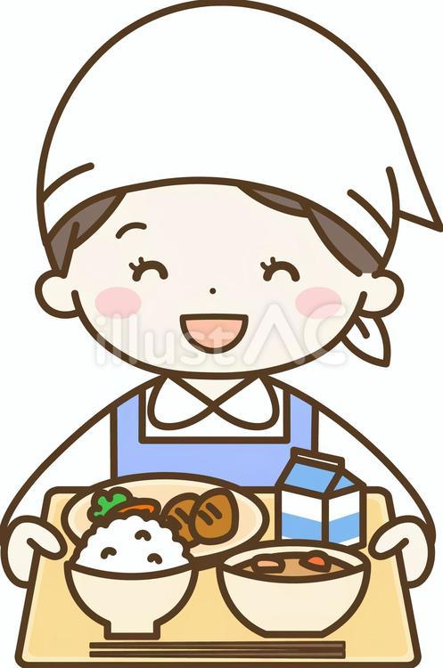 食事を持つ笑顔の調理師さん 調理師,調理員,学校のイラスト素材