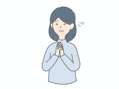 願掛けしている女性：寒色バージョン	 女性,不安,願い,祈る,心配,願掛け,希望,願望,頼む,神頼みのイラスト素材