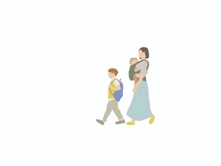 赤ちゃん連れのお母さんと子ども(夏)