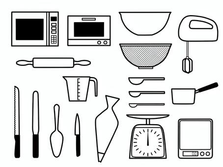 お菓子作りセット（モノクロ） 電子レンジ,トースター,オーブン,ボウル,ざる,泡だて器,ホイッパー,電動,麺棒,計量カップのイラスト素材