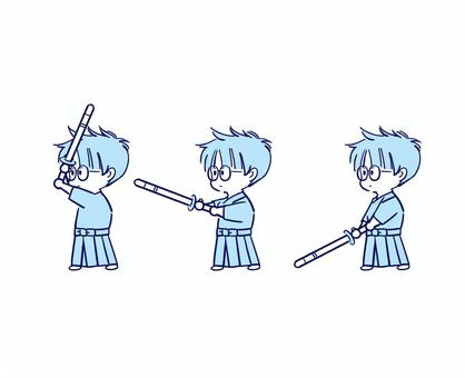 メガネ剣道男子(上下素振り) 剣道,ちびキャラ,めがね,剣道男子,剣士,剣道部,稽古,上下素振り,眼鏡,竹刀のイラスト素材