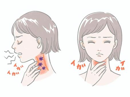 喉のイガイガ 女性,横顔,正面,喉,イガイガ,腫れ,違和感,不快感,痛み,風邪のイラスト素材