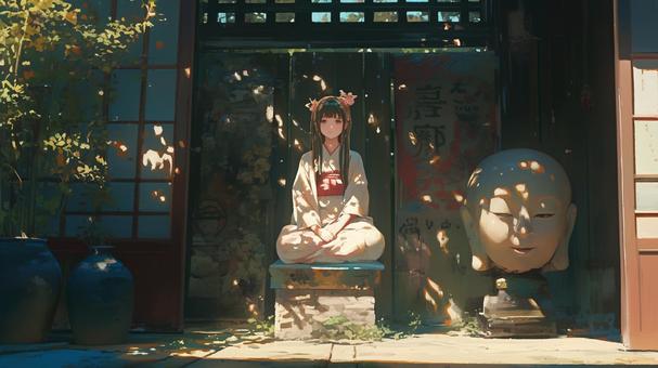 木漏れ日の少女 木漏れ日の少女 人物,和風,庭園のイラスト素材