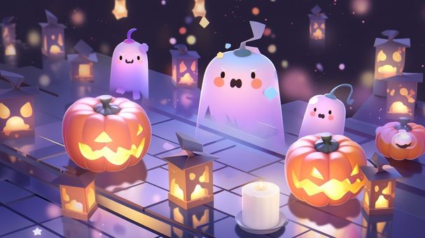 Cute ghost and pumpkin lantern, , JPG