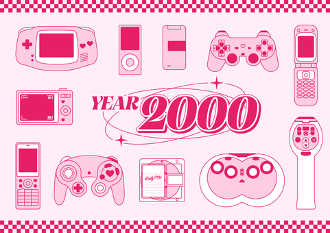 可愛い2000年代イラストセット レトロ,平成,2000年代,z世代,y2k,ゲーム,携帯電話,ケータイ,ゲーム機,携帯のイラスト素材