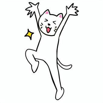 ジャンプとバンザイする白猫 ねこ,白猫,動物,キャラ,ポップ,かわいい,嬉しい,バンザイ,ご機嫌,喜ぶのイラスト素材