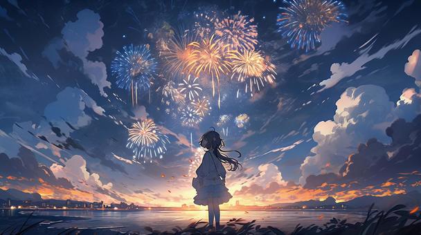 summer fireworks and girl, , JPG