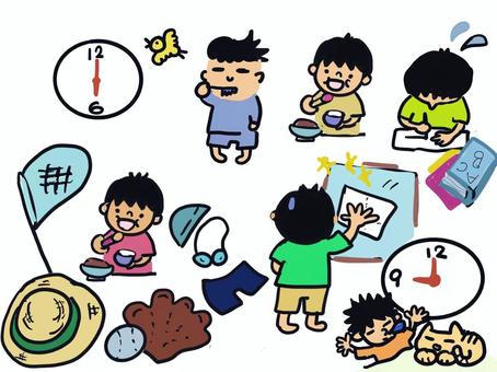 夏休みの過ごし方 男の子,歯磨き,宿題,外遊び,お手伝い,早寝,手書きのイラスト素材