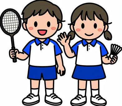 青のバドミントンの子供たちです。 バドミントン,シンプル,スポーツ,体育,クラブ,部活,サークル,運動,跳ぶ,シャトルコックのイラスト素材