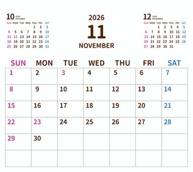 2026年シンプルカレンダー11月／卓上 2026年カレンダー,カレンダー,2026,令和8年,月間カレンダー,シンプル,透過,オリジナル,自作,かわいいのイラスト素材