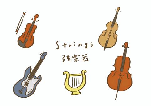 手描き 弦楽器セット カラー 弦楽器,バイオリン,チェロ,コントラバス,エレキギター,ギター,リラ,オーケストラ,音楽,楽器のイラスト素材