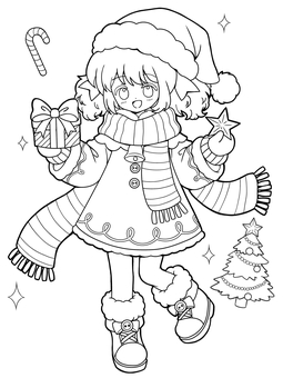 クリスマスを楽しみにしている女の子 人物,塗り絵,ぬり絵,ぬりえ,線画,白黒,手書き,全体,女の子,クリスマスのイラスト素材