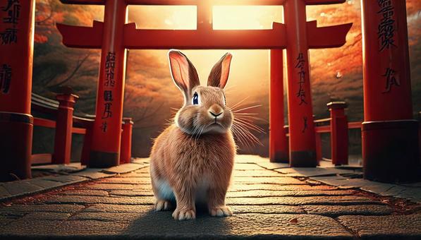 A rabbit standing at the torii gate of a shrine, JPG A rabbit standing at the torii gate of a shrine, rabbit, ear, stand, JPG