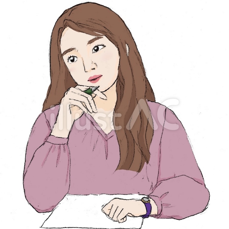 紙とペンを持って考えている女性 女性,女の子,紙のイラスト素材