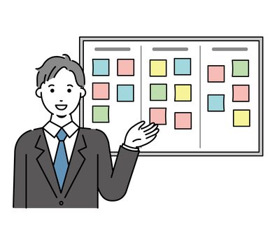 ホワイトボードに付箋を貼るビジネスマン 男性,仕事,スーツ,ビジネスマン,会議,ブレインストーミング,ブレスト,ホワイトボード,目標,会社のイラスト素材