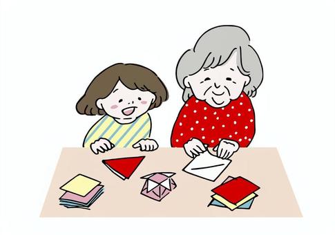 折り紙で遊ぶ高齢女性と子ども 人物,子ども,女の子,小学生,児童,園児,おばあちゃん,高齢者,折り紙,工作のイラスト素材