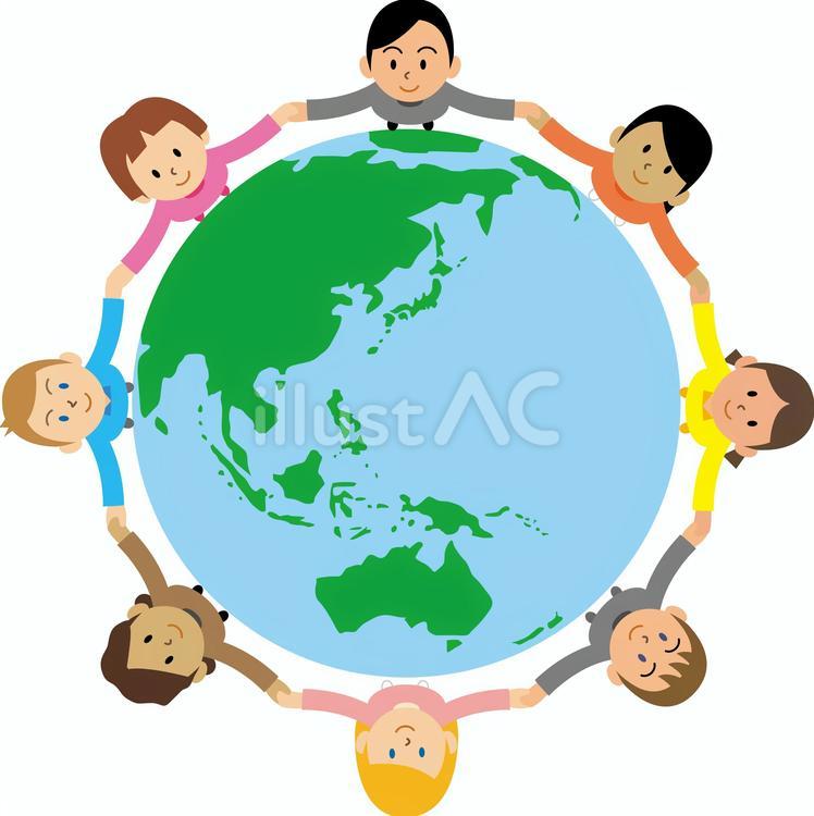 地球の上で手をつなぐ世界の人々4 地球,世界,グローバルのイラスト素材