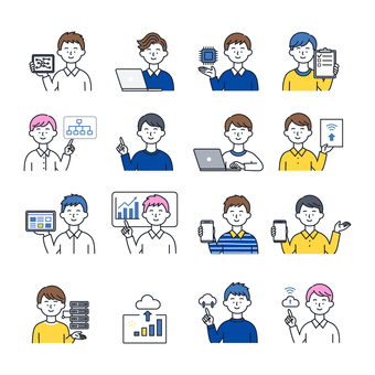 さまざまなIT職業男性のアイコンセット 人物,ビジネス,男性,パソコン,スマホ,作業,it,dx,テクノロジー,仕事のイラスト素材