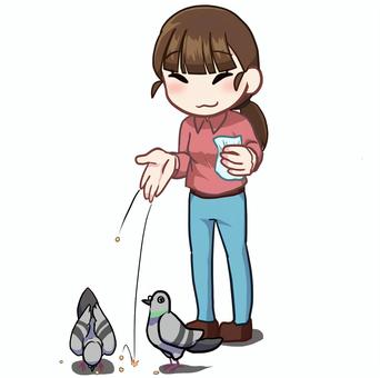 鳩のエサやり＿女性 人物,生活,全身,女性,動物,鳩,エサ,与える,素材のイラスト素材