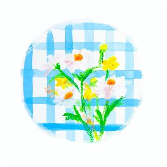 チェック模様とマーガレットの円形イラスト 花,植物,手描き,水彩,パステル,クレヨン,マーガレット,チェック,模様のイラスト素材