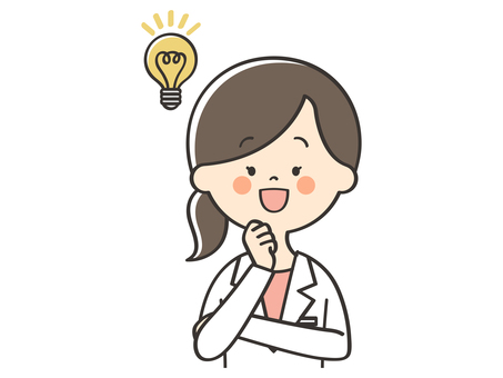 アイデアを思いつく白衣の女性 ひらめく,アイデア,ひらめき,思いつく,解決,電球,笑顔,女医,医者,医師のイラスト素材