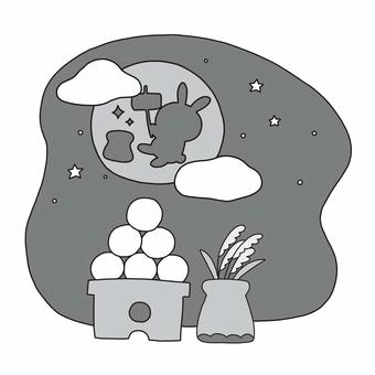 十五夜 お月見,十五夜,満月,団子,ススキ,うさぎ,秋,白黒,モノトーン,可愛いのイラスト素材