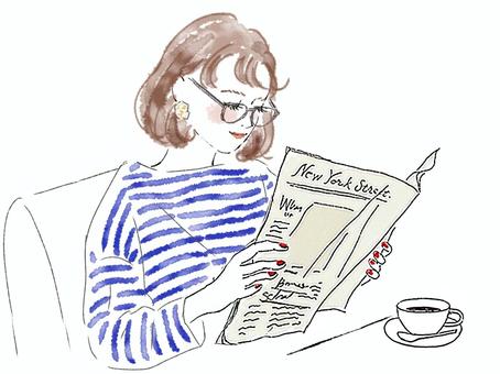 新聞ニュースを読むボブの眼鏡女性 女性,新聞,読む,ボブ,めがね,ボーダー,オフィス,会社,笑顔,情報のイラスト素材