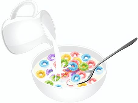 牛乳を注いだカラフルなリング型シリアル シリアル,リング型,カラフルのイラスト素材