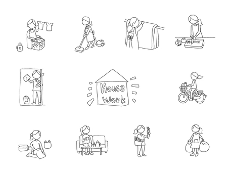 ハウスワーク①　線画 ハウスワーク,ハウスキーピング,家事,ママ,お母さん,女性,手書き,線画,フリーハンド,へたうまのイラスト素材