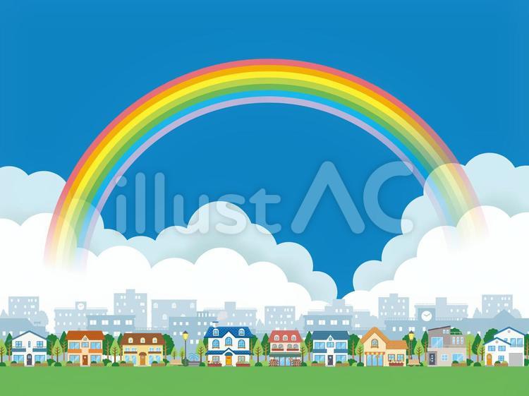 虹と夏の青空と雲のある街並 虹,街並,風景のイラスト素材