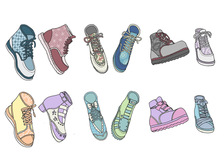 Illustration, sneakers, sandals, dull color, 