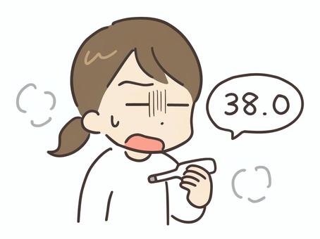 高熱の体温計を持った私服の若い女性 女性,風邪,体温計,熱,体調不良,病気,人物,人,女,主婦のイラスト素材