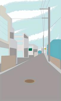 道路　　 道路,車道,住宅地,民家,電線,電柱,町中,空,抽象的,配色のイラスト素材