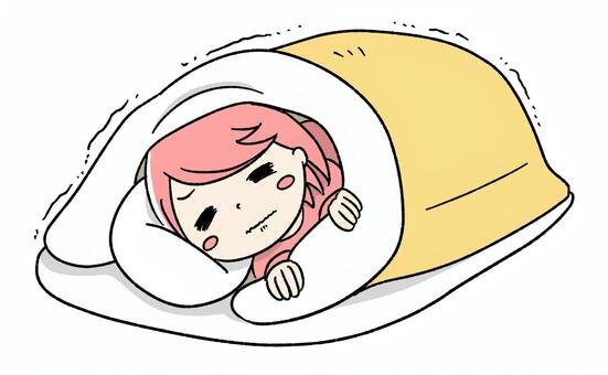桃色の女の子が布団から出られない ピンク,かわいい,手描き,布団から出られない,布団,動けない,朝起きられない,起きられない,寝込む,寝たきりのイラスト素材