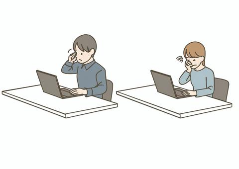 眼精疲労の男女 眼科,眼精疲労,男女,パソコン,デスクワーク,目,疲れ目,オフィス,仕事,健康のイラスト素材