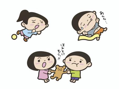 子ども（トラブル）セット 子ども,男の子,女の子,幼児,園児,幼稚園,保育園,トラブル,ボール,つまづくのイラスト素材