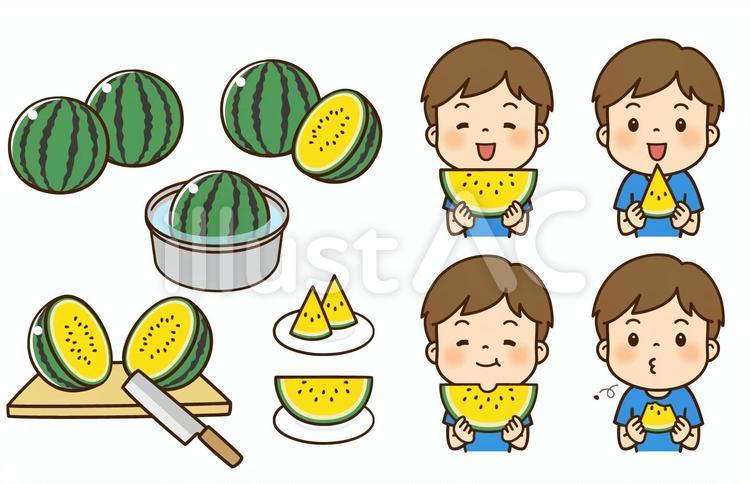 スイカを食べる男性とスイカのセット スイカ,人物,人のイラスト素材