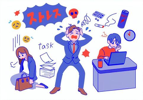 ストレスセット1_青赤 人物,男性,女性,カフェイン,薬,たばこ,パソコン,デフォルメ,困る,悩むのイラスト素材