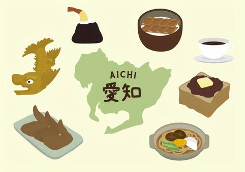 愛知イラストセット 愛知,シャチホコ,てんむす,手羽先,トースト,あんこ,ひつまぶし,煮込みうどん,地図,ご当地のイラスト素材