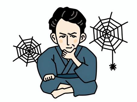 蜘蛛の巣を背景にあぐらをかく芥川龍之介 芥川龍之介,蜘蛛,巣,あぐら,似顔絵,肖像画,ゆるい,かわいい,手描き,デフォルメのイラスト素材