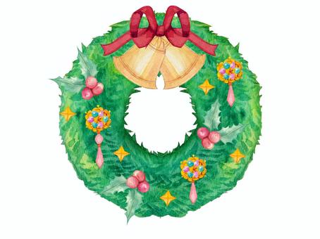 【水彩】クリスマスリース1 リース,クリスマスリース,ベル,鐘,リボン,ヒイラギ,星,キラキラ,オブジェ,魔除けのイラスト素材