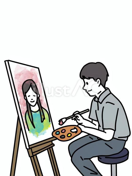 女の子の絵を描く男の子 絵画,描く,絵の具のイラスト素材