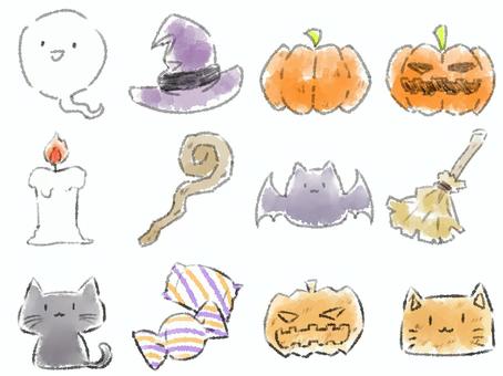 ハロウィンアイコン 水彩,アイコン,ラフ,ハロウィン,カボチャ,ジャック・オー・ランタン,ロウソク,コウモリ,魔法使いの帽子,箒のイラスト素材