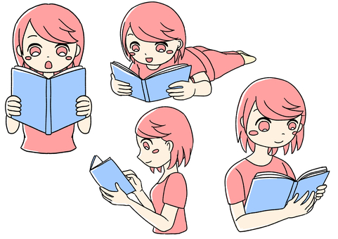 桃色の女の子が本を読むセット ピンク,かわいい,手描き,本,読む,女の子,女性,人物,キャラクター,ピンク髪のイラスト素材