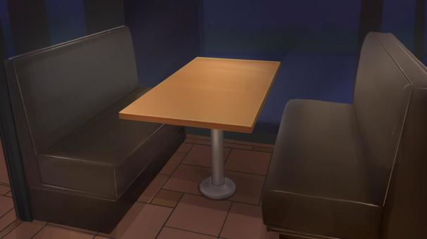 店内のボックス席　夜背景イラスト テーブル席,ボックス席,ファミレス,喫茶店,飲食店,席,ソファー,お店,店内,中のイラスト素材