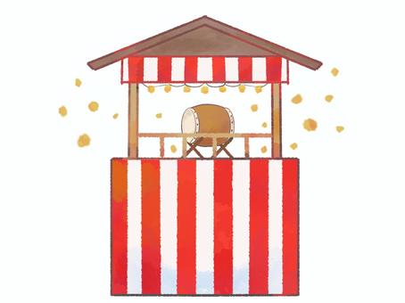 【水彩風手描き】盆踊りのヤグラ 盆踊り,盆踊り大会,やぐら,お盆,太鼓,祭囃子,お祭り,神楽,夏休み,夏のイラスト素材