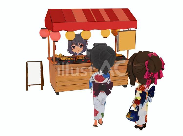 夏のイベント夏祭り花火縁日の屋台と浴衣客 祭り,浴衣,縁日のイラスト素材