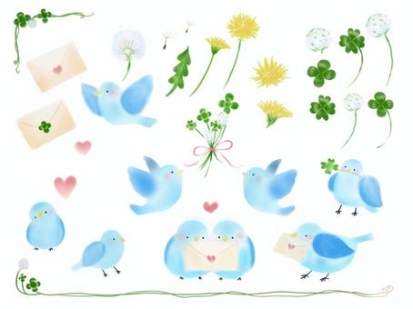 小鳥とクローバーのセットイラスト(水色) 鳥,水彩,動物,クローバー,手紙,飛ぶ,かわいい,青,水色,おしゃれのイラスト素材